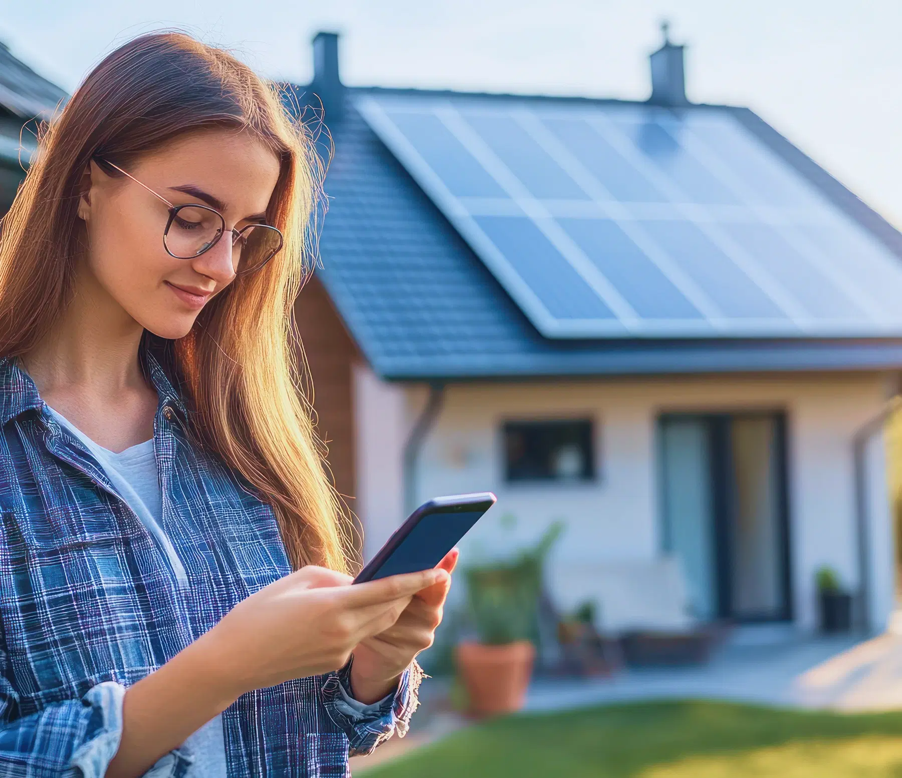 Woman using PVLevel app near solar panels