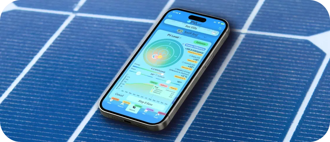 Phone placed on solar panel to optimize tilt angle