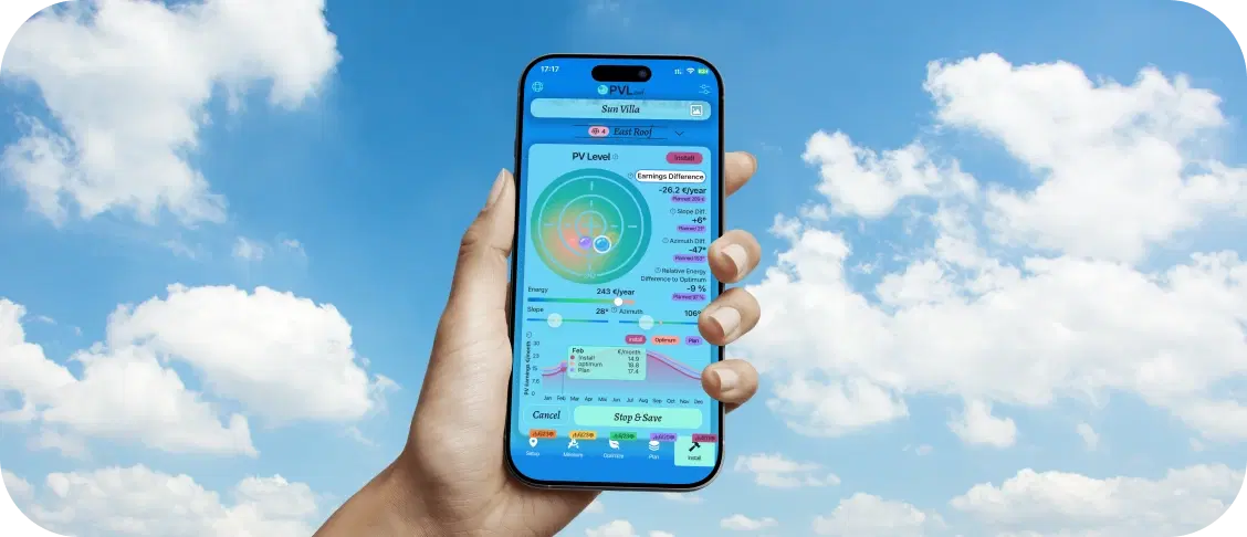 Phone checking solar panel orientation during installation